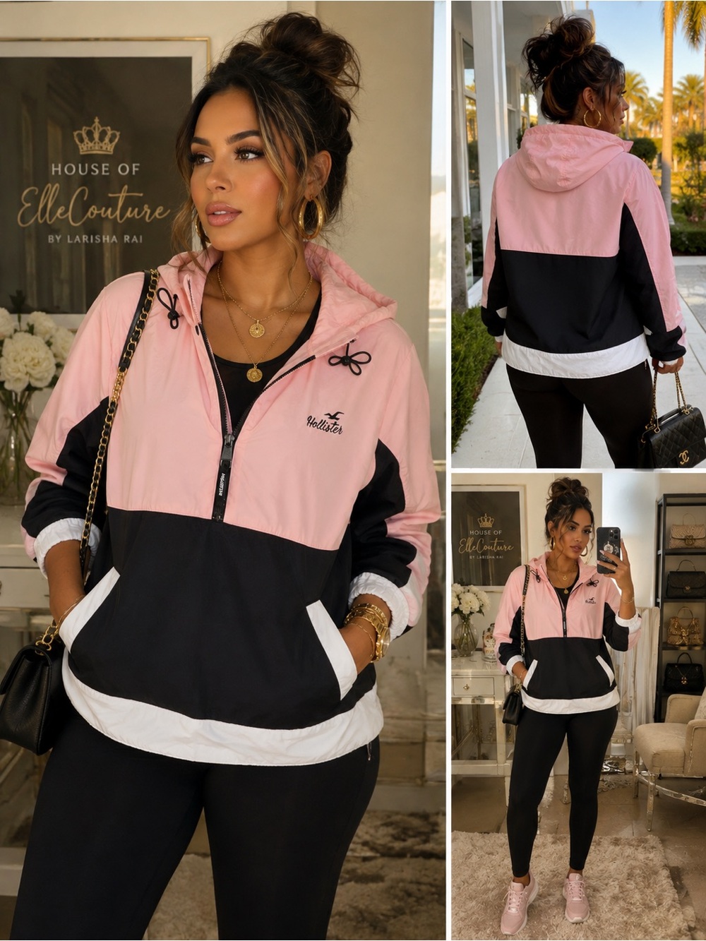 Hollister Pink Colorblock Hooded Half-Zip Windbreaker Anorak Jacket Women’s XL